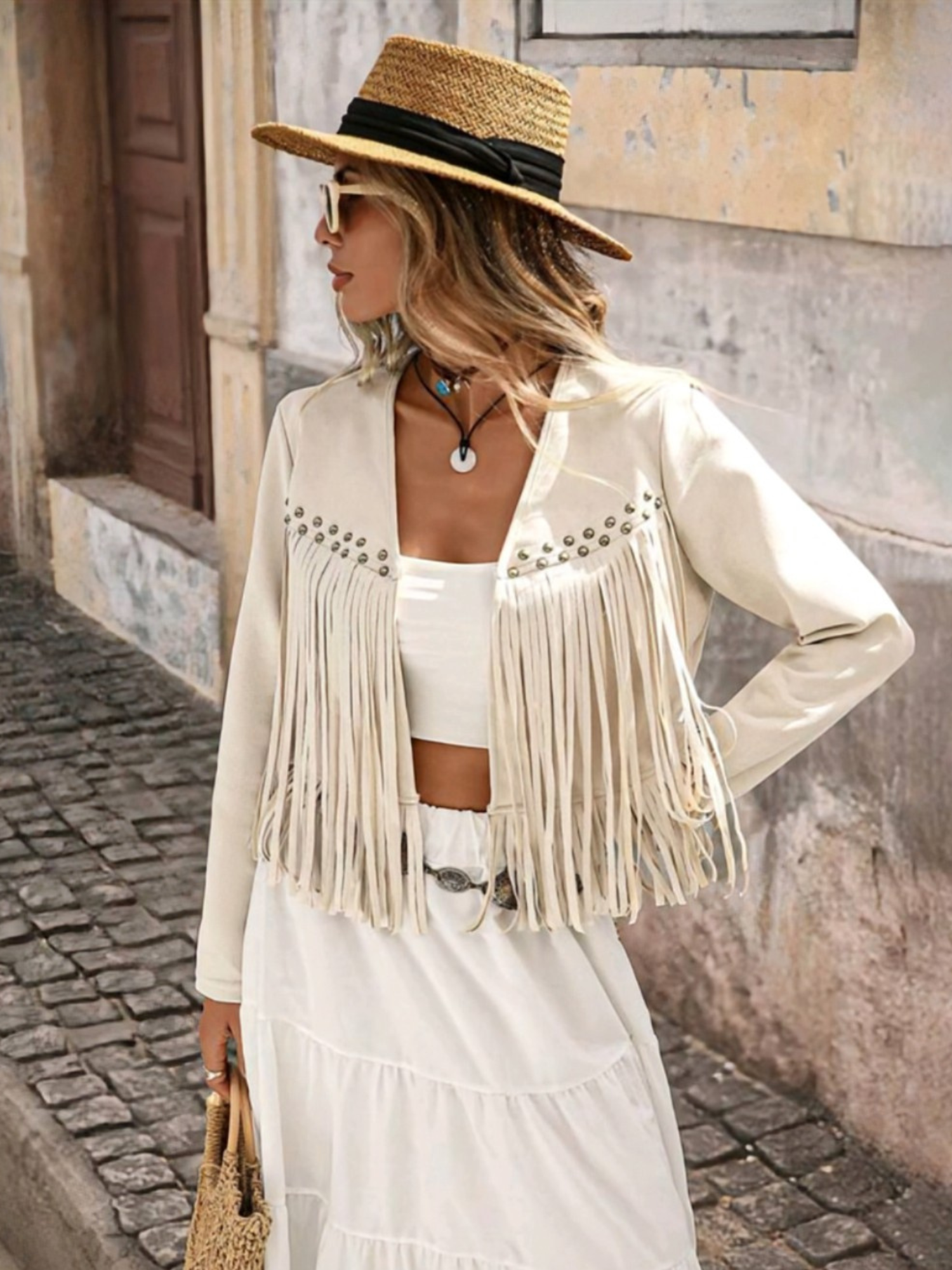 Chaqueta «Boho Fringe» con flecos – crema y chocolate